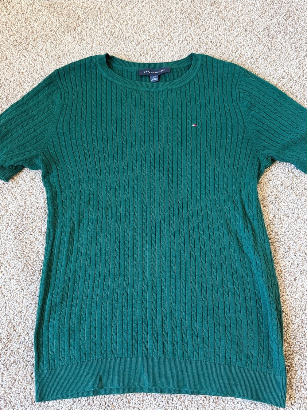 Tommy Hilfiger Emerald Green Cable-Knit Short Sleeve Crew Sweater